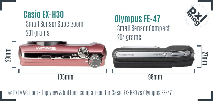 Casio EX-H30 vs Olympus FE-47 top view buttons comparison