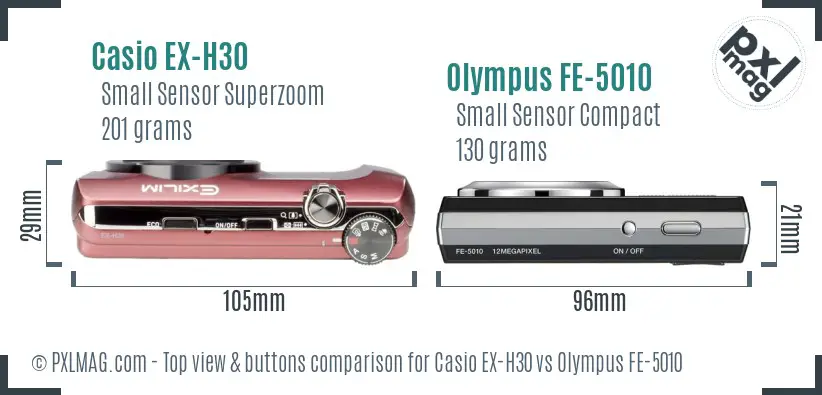 Casio EX-H30 vs Olympus FE-5010 top view buttons comparison