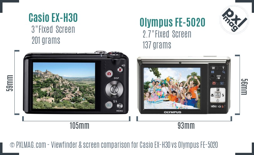 Casio EX-H30 vs Olympus FE-5020 Screen and Viewfinder comparison