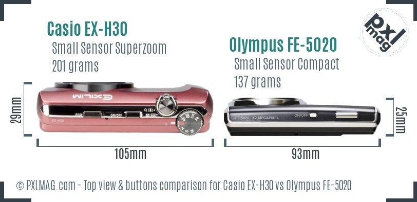 Casio EX-H30 vs Olympus FE-5020 top view buttons comparison