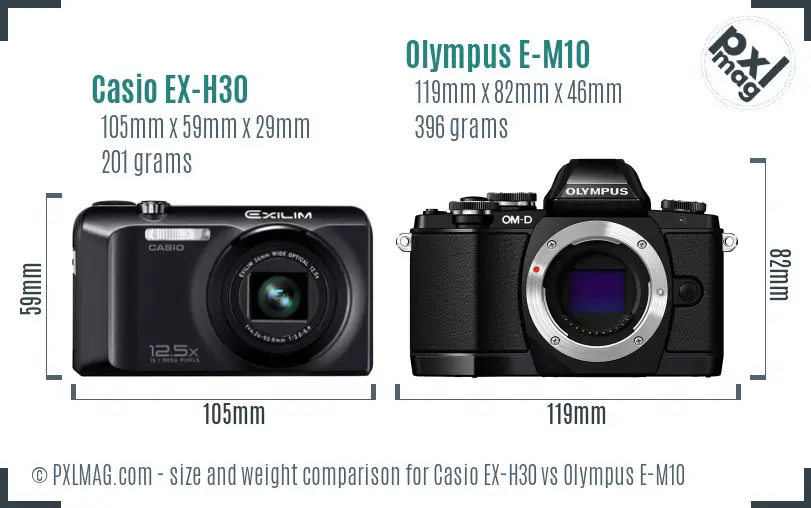 Casio EX-H30 vs Olympus E-M10 size comparison