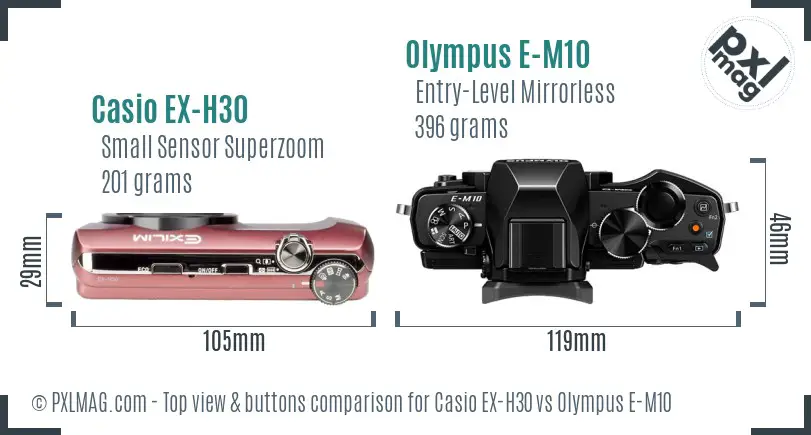 Casio EX-H30 vs Olympus E-M10 top view buttons comparison