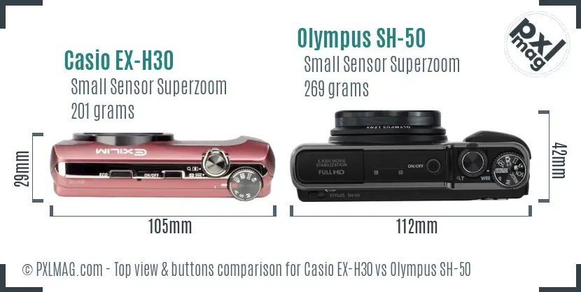 Casio EX-H30 vs Olympus SH-50 top view buttons comparison