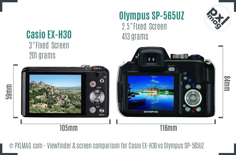 Casio EX-H30 vs Olympus SP-565UZ Screen and Viewfinder comparison