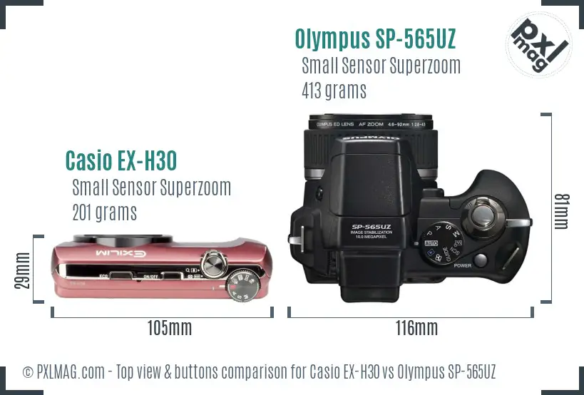 Casio EX-H30 vs Olympus SP-565UZ top view buttons comparison