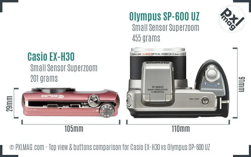 Casio EX-H30 vs Olympus SP-600 UZ top view buttons comparison