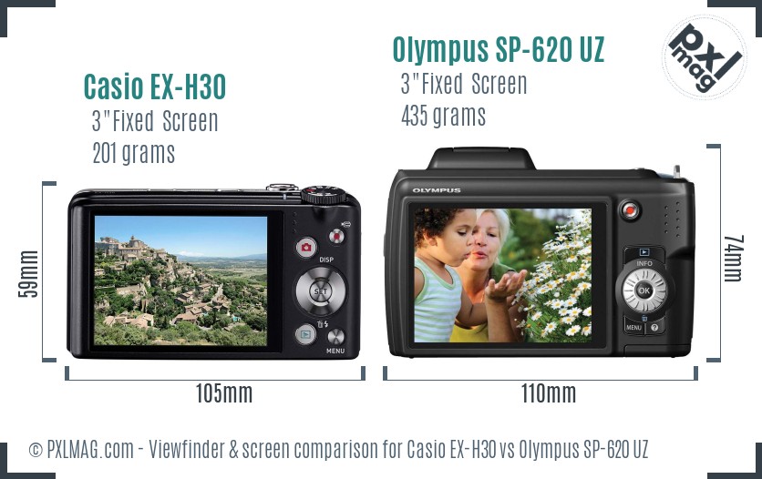 Casio EX-H30 vs Olympus SP-620 UZ Screen and Viewfinder comparison
