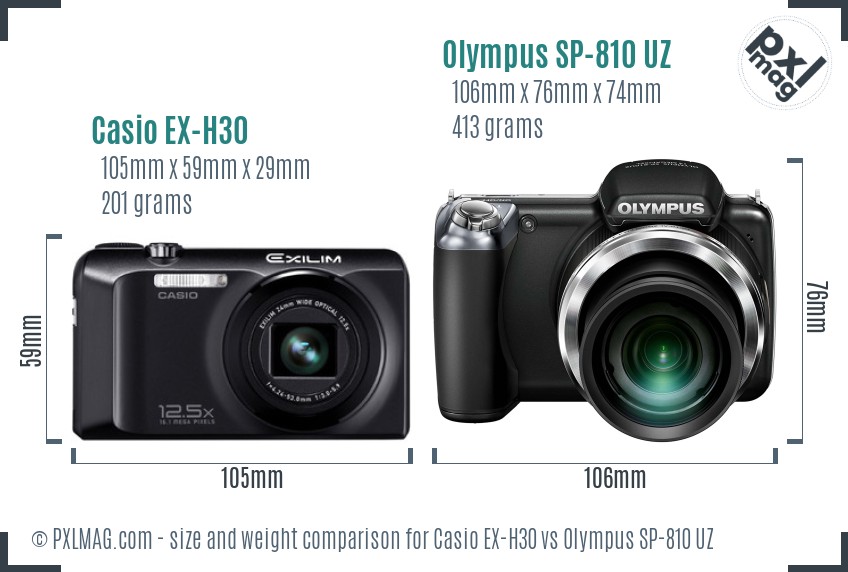 Casio EX-H30 vs Olympus SP-810 UZ size comparison Casio EX-H30 vs Olympus SP-810 UZ size comparison