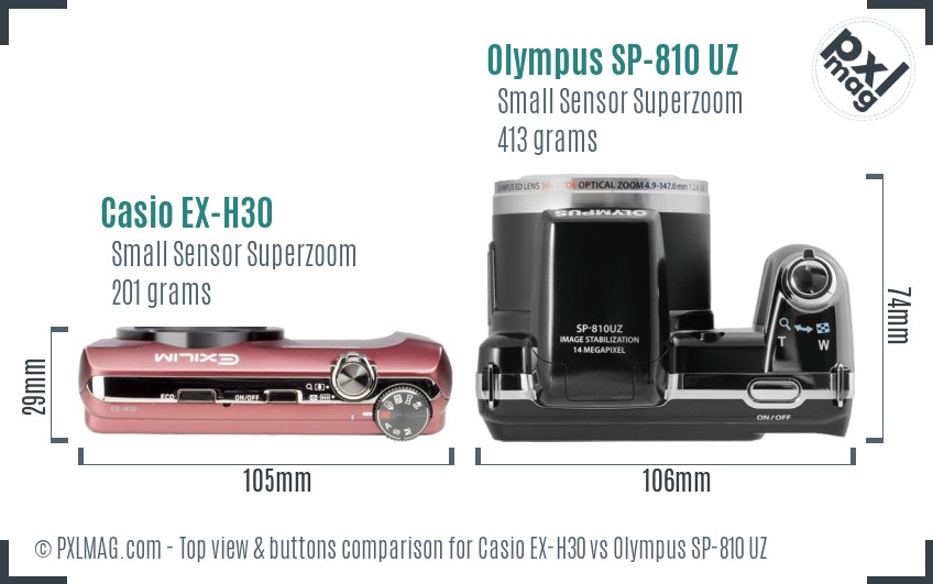 Casio EX-H30 vs Olympus SP-810 UZ top view buttons comparison