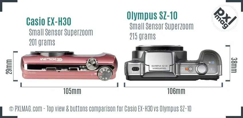 Casio EX-H30 vs Olympus SZ-10 top view buttons comparison Casio EX-H30 vs Olympus SZ-10 top view buttons comparison