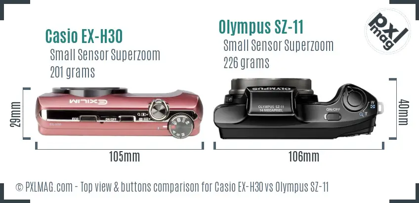 Casio EX-H30 vs Olympus SZ-11 top view buttons comparison