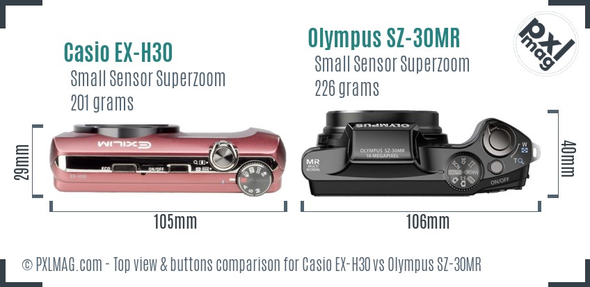 Casio EX-H30 vs Olympus SZ-30MR top view buttons comparison