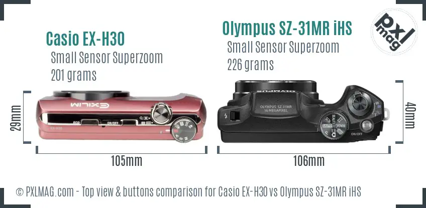 Casio EX-H30 vs Olympus SZ-31MR iHS top view buttons comparison Casio EX-H30 vs Olympus SZ-31MR iHS top view buttons comparison