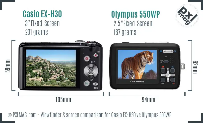 Casio EX-H30 vs Olympus 550WP Screen and Viewfinder comparison