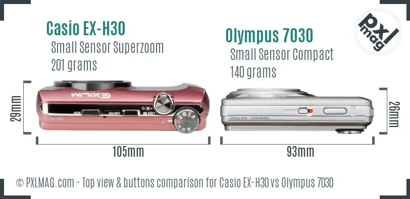 Casio EX-H30 vs Olympus 7030 top view buttons comparison Casio EX-H30 vs Olympus 7030 top view buttons comparison