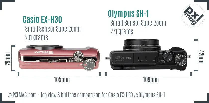 Casio EX-H30 vs Olympus SH-1 top view buttons comparison