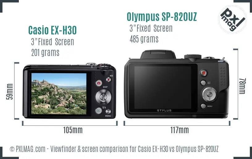 Casio EX-H30 vs Olympus SP-820UZ Screen and Viewfinder comparison