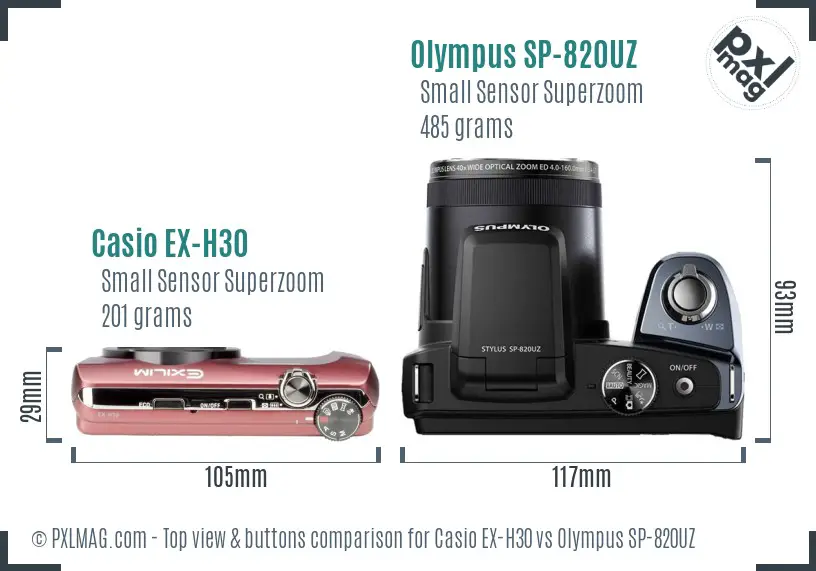 Casio EX-H30 vs Olympus SP-820UZ top view buttons comparison