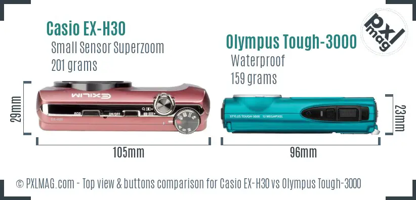 Casio EX-H30 vs Olympus Tough-3000 top view buttons comparison