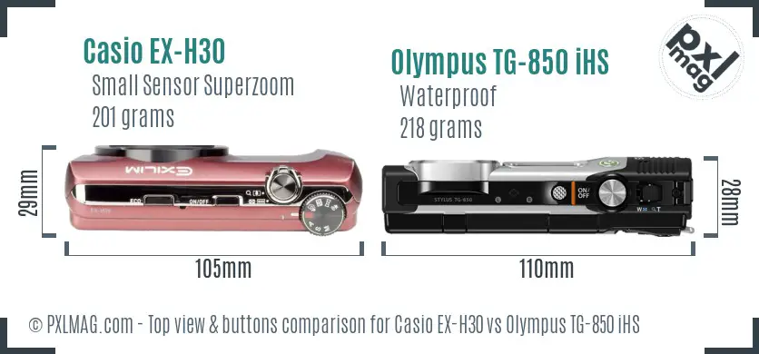 Casio EX-H30 vs Olympus TG-850 iHS top view buttons comparison Casio EX-H30 vs Olympus TG-850 iHS top view buttons comparison