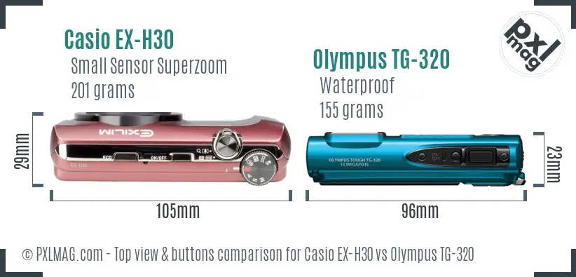Casio EX-H30 vs Olympus TG-320 top view buttons comparison