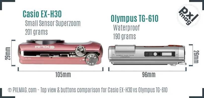 Casio EX-H30 vs Olympus TG-610 top view buttons comparison Casio EX-H30 vs Olympus TG-610 top view buttons comparison