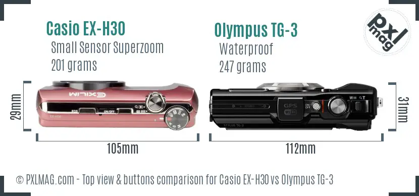 Casio EX-H30 vs Olympus TG-3 top view buttons comparison Casio EX-H30 vs Olympus TG-3 top view buttons comparison