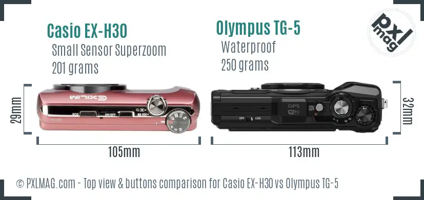 Casio EX-H30 vs Olympus TG-5 top view buttons comparison