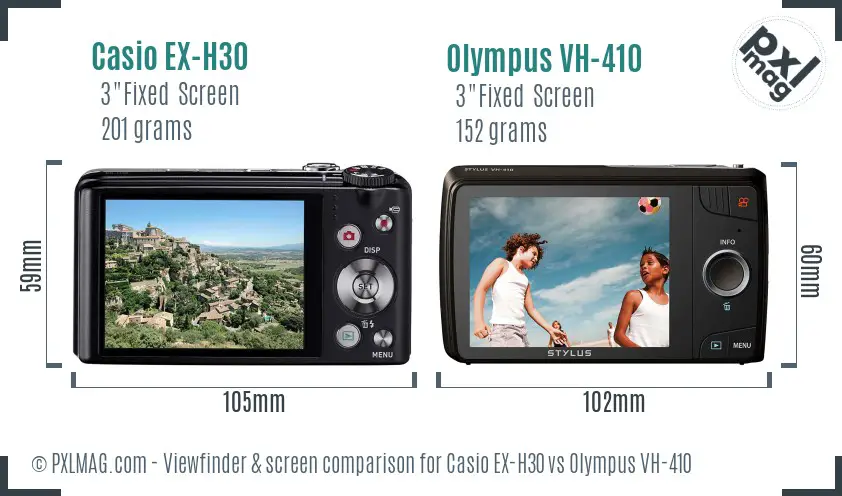 Casio EX-H30 vs Olympus VH-410 Screen and Viewfinder comparison