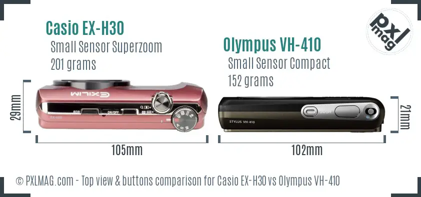 Casio EX-H30 vs Olympus VH-410 top view buttons comparison