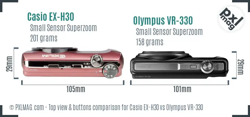 Casio EX-H30 vs Olympus VR-330 top view buttons comparison Casio EX-H30 vs Olympus VR-330 top view buttons comparison