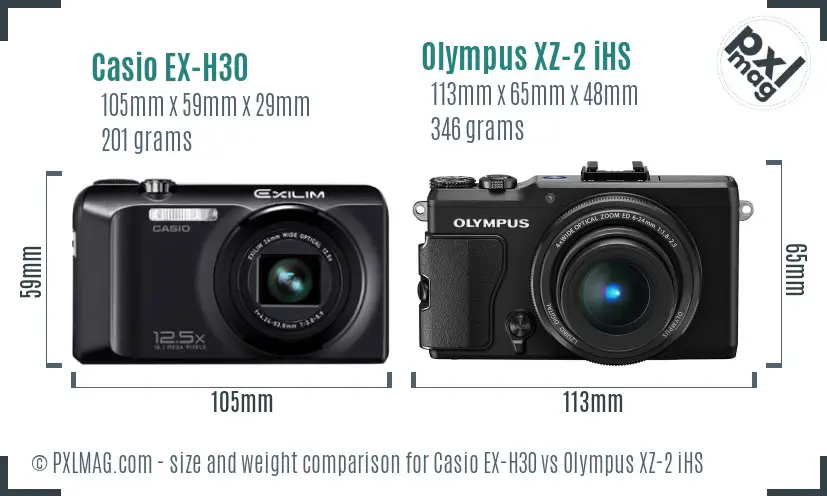 Casio EX-H30 vs Olympus XZ-2 iHS size comparison