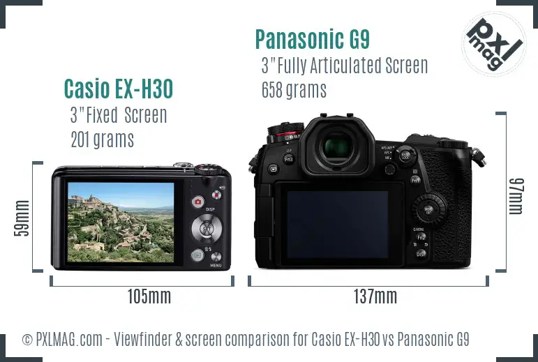 Casio EX-H30 vs Panasonic G9 Screen and Viewfinder comparison