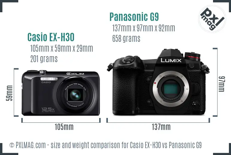 Casio EX-H30 vs Panasonic G9 size comparison