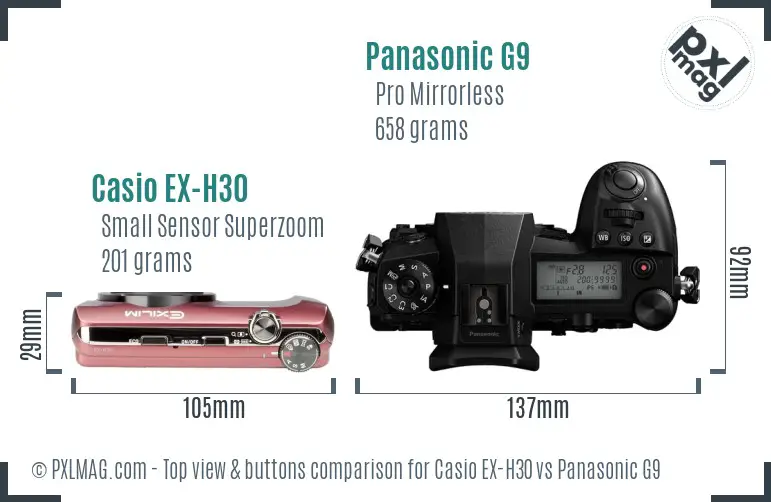 Casio EX-H30 vs Panasonic G9 top view buttons comparison