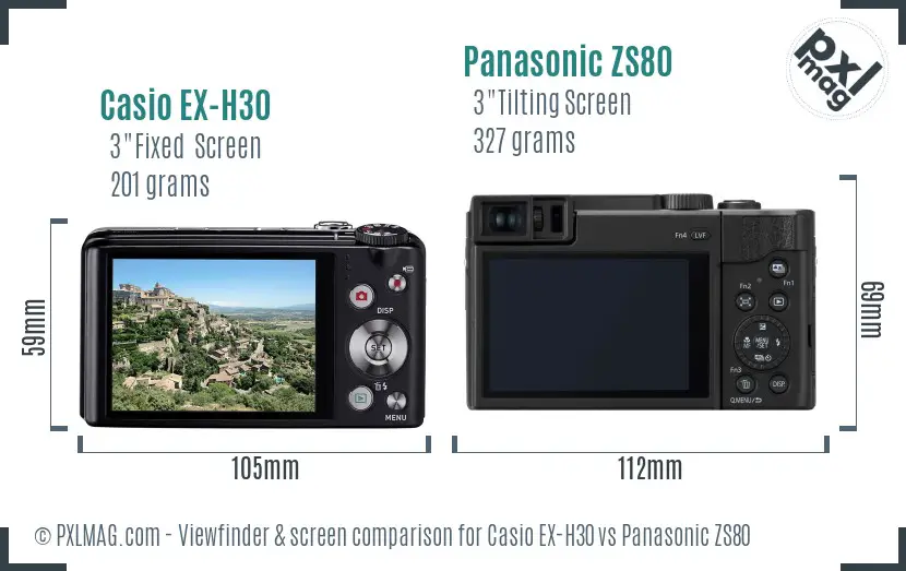 Casio EX-H30 vs Panasonic ZS80 Screen and Viewfinder comparison