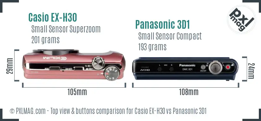 Casio EX-H30 vs Panasonic 3D1 top view buttons comparison