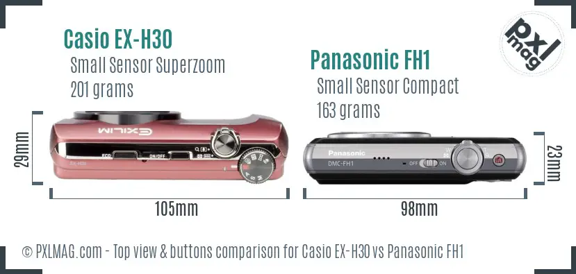 Casio EX-H30 vs Panasonic FH1 top view buttons comparison
