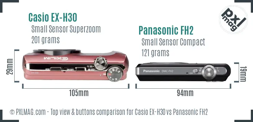 Casio EX-H30 vs Panasonic FH2 top view buttons comparison Casio EX-H30 vs Panasonic FH2 top view buttons comparison