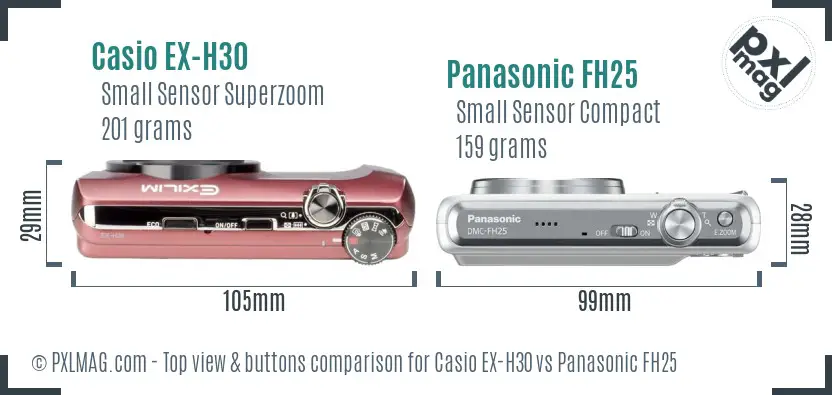 Casio EX-H30 vs Panasonic FH25 top view buttons comparison