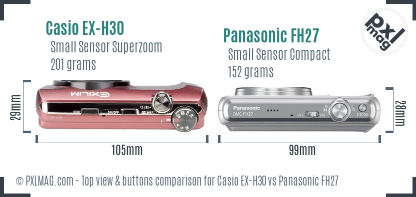 Casio EX-H30 vs Panasonic FH27 top view buttons comparison