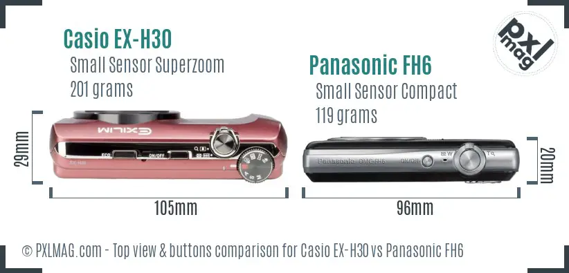 Casio EX-H30 vs Panasonic FH6 top view buttons comparison