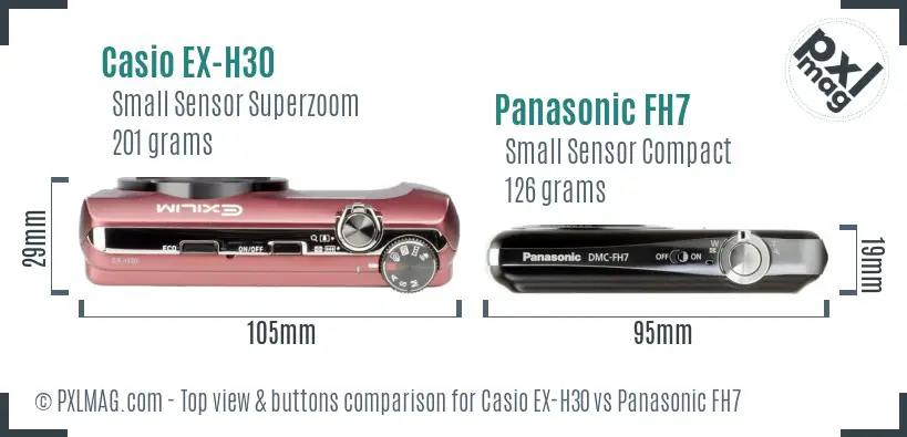 Casio EX-H30 vs Panasonic FH7 top view buttons comparison