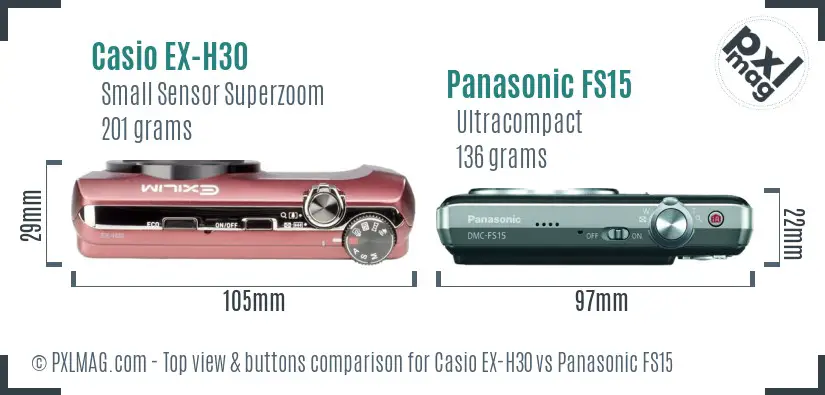 Casio EX-H30 vs Panasonic FS15 top view buttons comparison Casio EX-H30 vs Panasonic FS15 top view buttons comparison