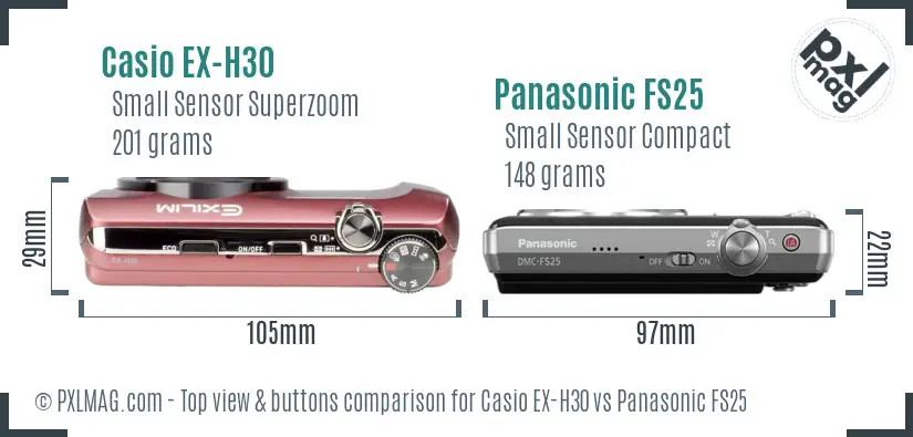 Casio EX-H30 vs Panasonic FS25 top view buttons comparison Casio EX-H30 vs Panasonic FS25 top view buttons comparison