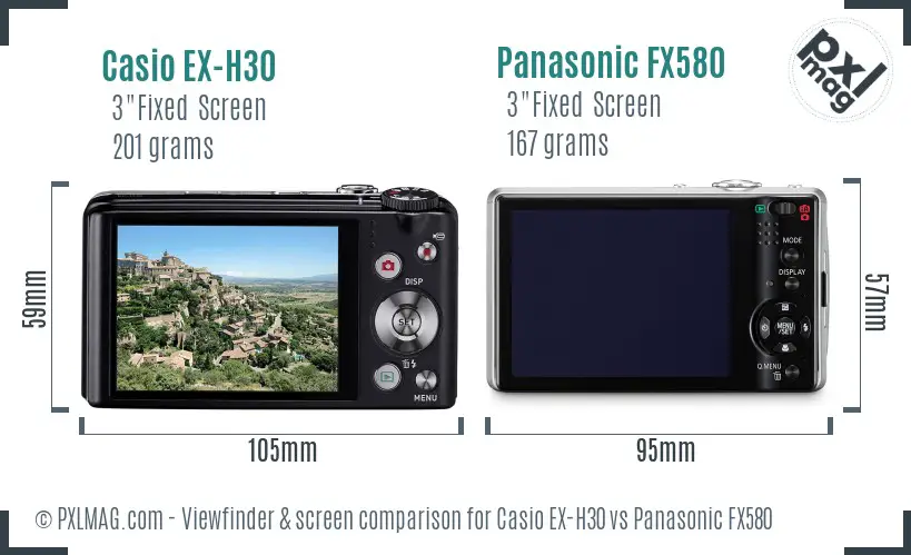 Casio EX-H30 vs Panasonic FX580 Screen and Viewfinder comparison