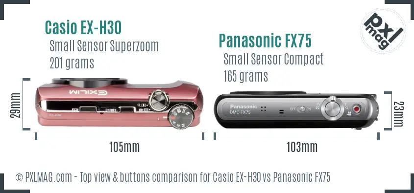 Casio EX-H30 vs Panasonic FX75 top view buttons comparison