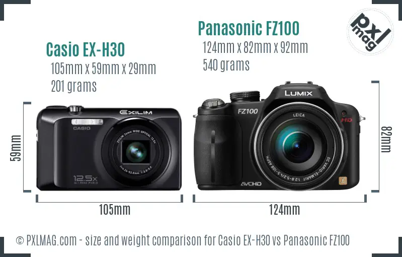 Casio EX-H30 vs Panasonic FZ100 size comparison Casio EX-H30 vs Panasonic FZ100 size comparison