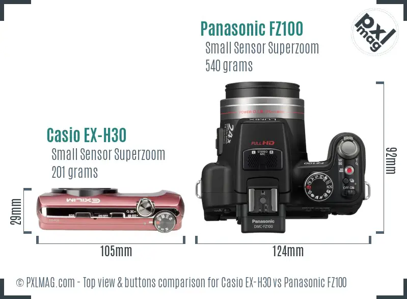Casio EX-H30 vs Panasonic FZ100 top view buttons comparison
