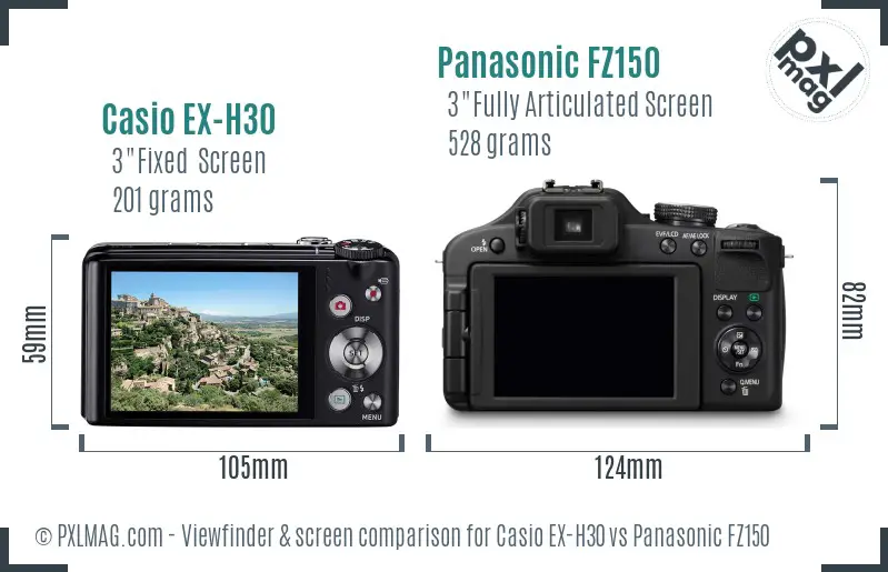 Casio EX-H30 vs Panasonic FZ150 Screen and Viewfinder comparison